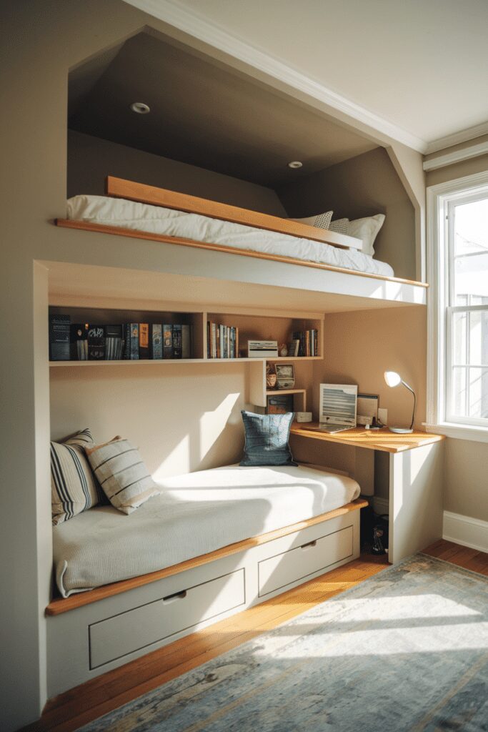 25+ Stylish Ways to Fit 2 Beds in 1 Room 1 0027 3 a photo of a lofted bed with a second be OplO VgIREejhc0S6zFF A 61jlHHoSkOJkCng2sD0nQ cover 1