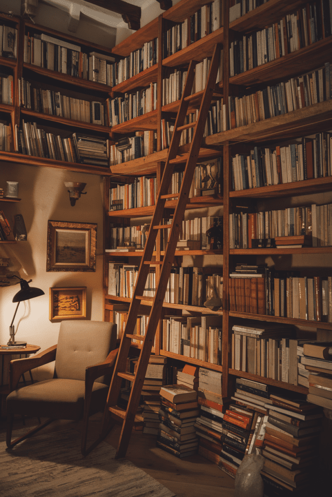 Cozy Library Room Ideas: Rustic Charm with Wooden Shelves and Warm Lighting