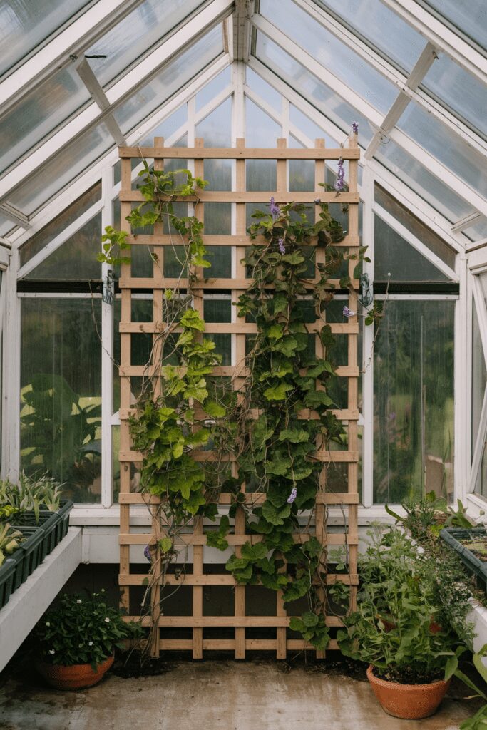 20+ Greenhouse Interior Ideas | Refreshing Designs & Concept 14 Greenhouse Interior Ideas: Climbing Frames for Vining Plants