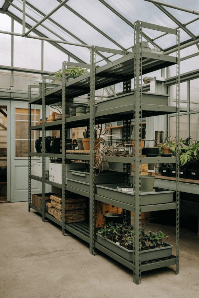 20+ Greenhouse Interior Ideas | Refreshing Designs & Concept 3 Greenhouse Interior Ideas: Modern Metal Shelving Units for Organization