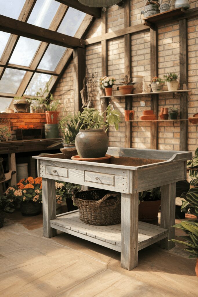 20+ Greenhouse Interior Ideas | Refreshing Designs & Concept 7 Greenhouse Interior Ideas: Vintage Potting Table for Classic Charm