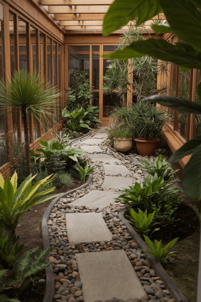 20+ Greenhouse Interior Ideas | Refreshing Designs & Concept 9 Greenhouse Interior Ideas: Indoor Garden Pathways with Pebble Accents