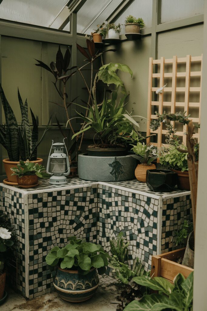 20+ Greenhouse Interior Ideas | Refreshing Designs & Concept 16 Greenhouse Interior Ideas: Mosaic-Tiled Planter Corners for Decor