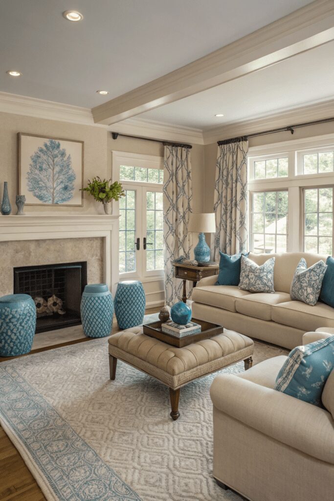 15+ Cozy Traditional Living Room Ideas | Inspiring Designs 7 Cozy Traditional Living Room Ideas: Neutral Color Palette with Pops of Blue