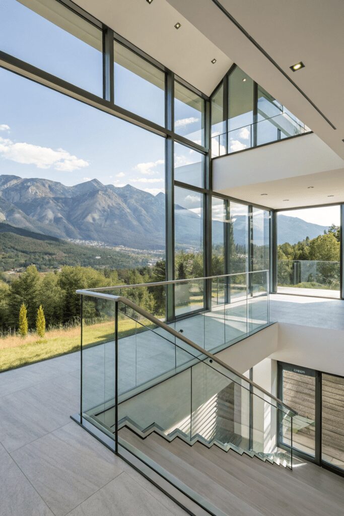 30+ Mountain Modern Home Interior Ideas | Explore Fresh Trends 22 Mountain Modern Home Interior Ideas: Glass Railings for Unobstructed Views