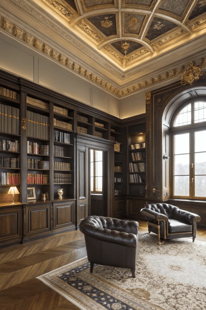 25+ 80s Luxury Interior Ideas - Picture Retro Opulence 16 80s Luxury Interior Ideas: Luxurious Library with Custom Shelving