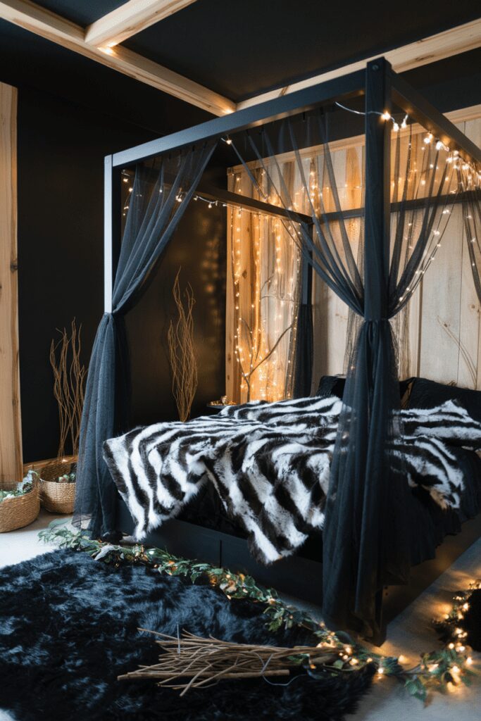 20+ Stunning Black Room Ideas You Need to Try Now! 23 Black Room Ideas: Black Forest-Themed Bedroom with Wood Accents