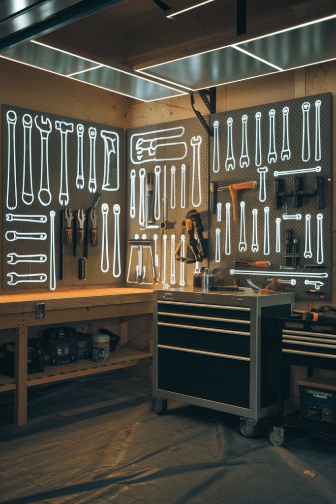30+ Garage Workshop Layouts Ideas That Will Blow Your Mind! 32 Garage Workshop Layouts Ideas: The Glow-in-the-Dark Tool Outline System