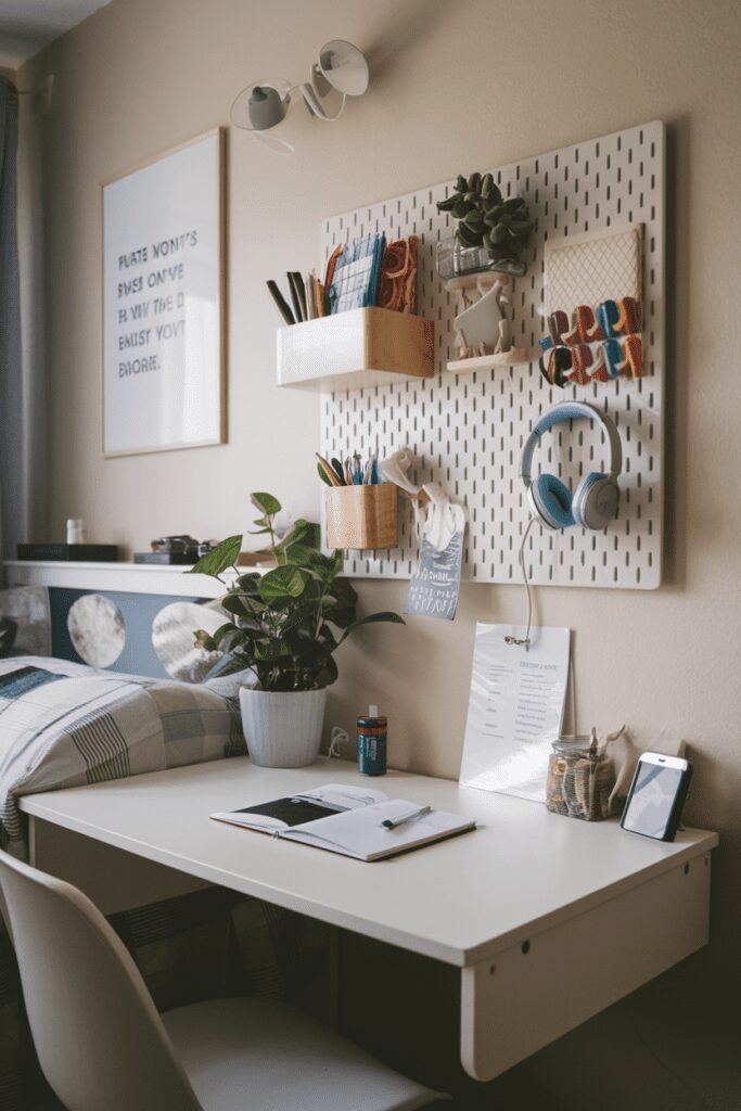 15+ Cute Dorm Room Decor Ideas Tips That Steal Your Heart! 13 Cute Dorm Room Ideas: Floating Desk with Pegboard Organization