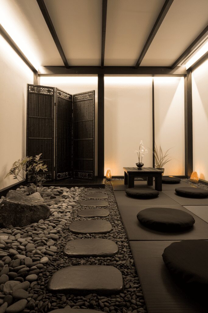20+ Stunning Black Room Ideas You Need to Try Now! 18 Black Room Ideas: Black Zen Garden Meditation Room