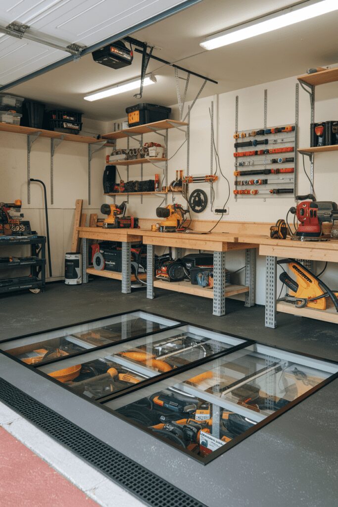 30+ Garage Workshop Layouts Ideas That Will Blow Your Mind! 23 Garage Workshop Layouts Ideas: The Transparent Floor Tool Storage