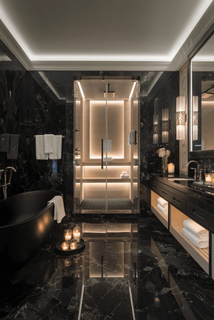 20+ Stunning Black Room Ideas You Need to Try Now! 11 Black Room Ideas: Black Marble Spa Bathroom with Steam