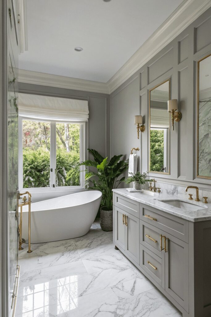 15+ Revere Pewter by Benjamin Moore Ideas - Tips You’ll Love 6 Benjamin Moore Revere Pewter Ideas: 6. Revere Pewter in a Luxury Bathroom Retreat