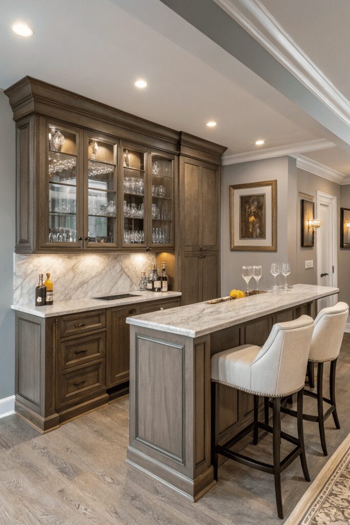 15+ Revere Pewter by Benjamin Moore Ideas - Tips You’ll Love 14 Benjamin Moore Revere Pewter Ideas: 14. Revere Pewter for a High-End Home Bar Area