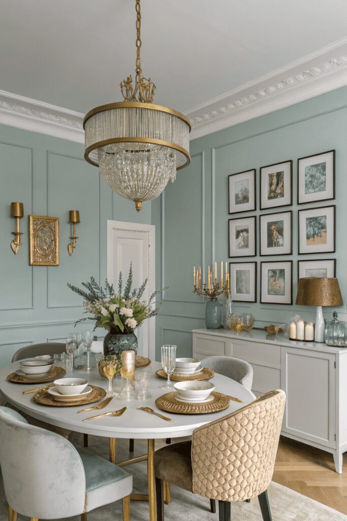 10+ Benjamin Moore Sea Salt Ideas The Secret to Calm Rooms! 8 Benjamin Moore Sea Salt Ideas: 8. Sea Salt and Gold Accents in a Dining Room