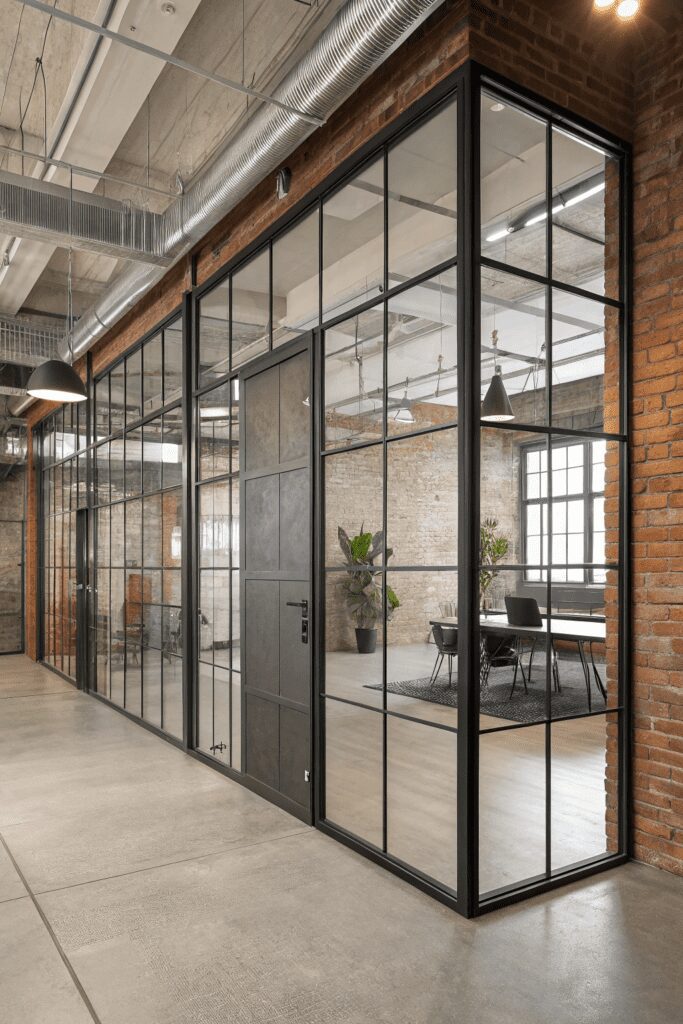 15+ Cased Openings - The Secret to Stylish Room Ideas! 2 Cased Openings Between Rooms Ideas: 2. Glass-Framed Steel Partition for Industrial Elegance