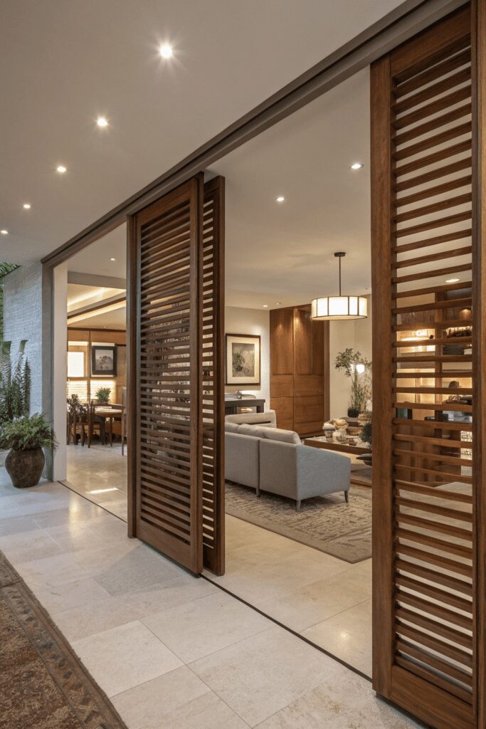 15+ Cased Openings - The Secret to Stylish Room Ideas! 6 Cased Openings Between Rooms Ideas: 6. Pivoting Slat Doors for Dynamic Separation