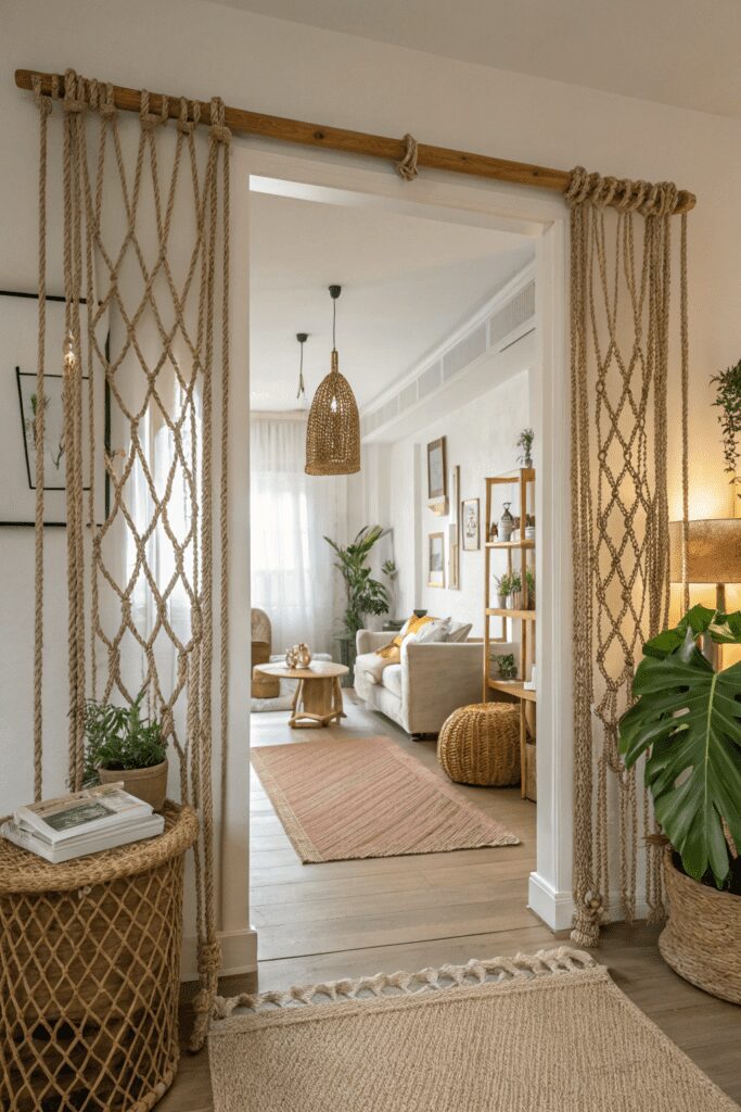 15+ Cased Openings - The Secret to Stylish Room Ideas! 9 Cased Openings Between Rooms Ideas: 9. Suspended Rope Partition for a Bohemian Vibe