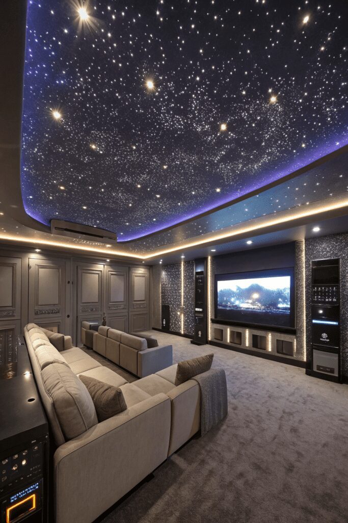 10+ Dreamy Home Theater Ideas You Need to See Now! 1 Home Theater Rooms Ideas: 1. Futuristic Sci-Fi Theater with LED Galaxies