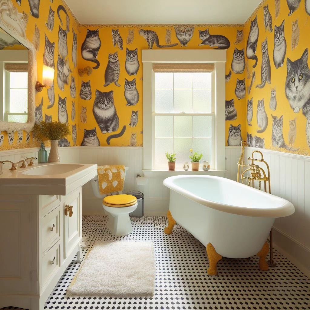 Jaw-Dropping Yellow Bathroom Designs for 2025 17 . Playful Yellow With Feline Flair