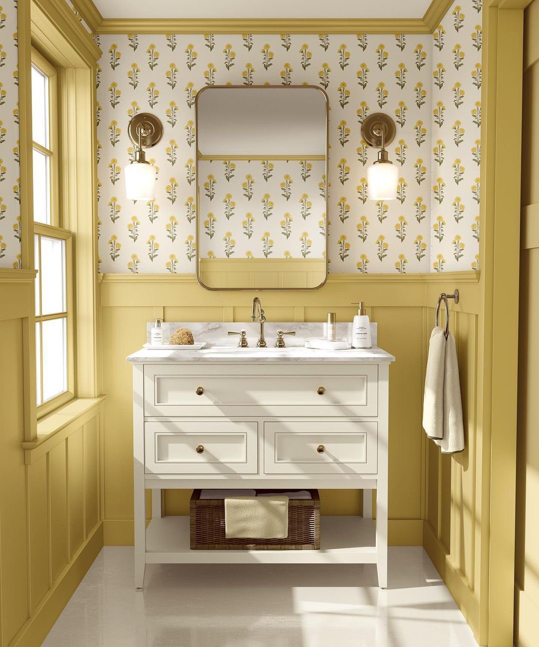 Jaw-Dropping Yellow Bathroom Designs for 2025 6 6. Elegant Yellow With Floral Charm Design Ideas