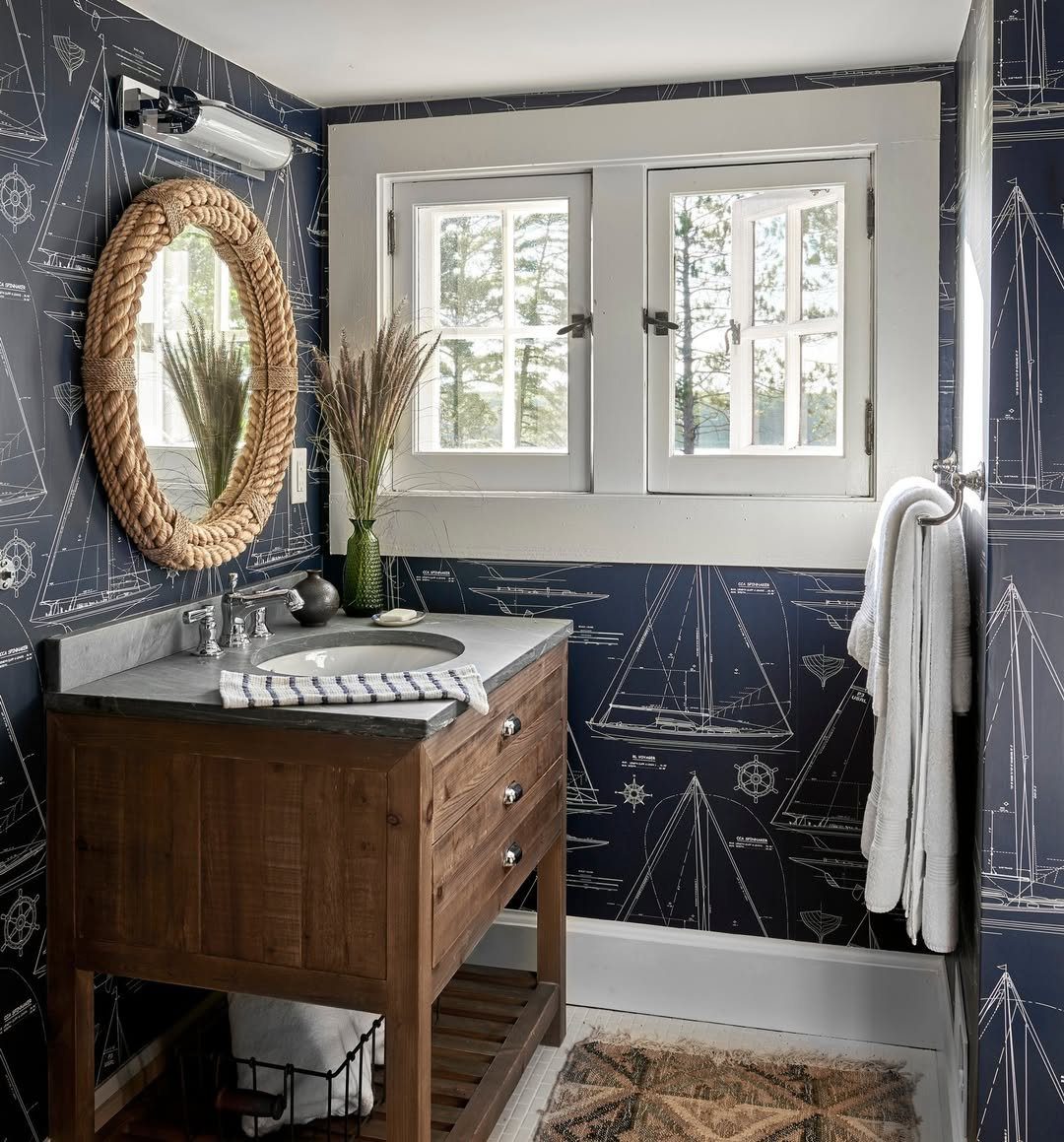 15 Dreamy Nautical Bathroom Trends for 2025 3 Bold Sailboat Patterns And Rope