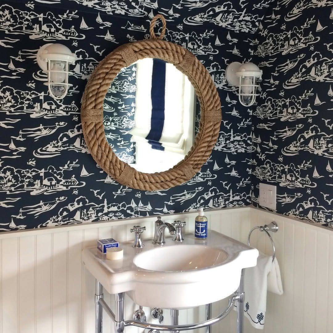 15 Dreamy Nautical Bathroom Trends for 2025 5 Coastal Toile Meets Rustic Rope
