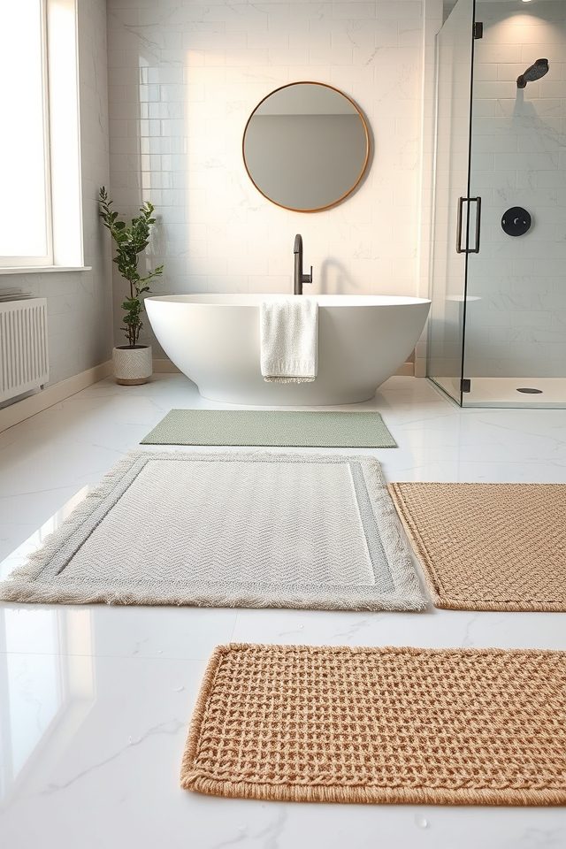 17 Refreshing Bathroom Decor Ideas for a Spa-Like Escape 8 add soft rugs strategically