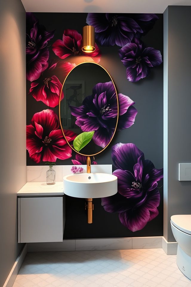 15 Striking Bathroom Wallpaper Ideas to Accentuate Your Mirror 1 bold floral accent wall