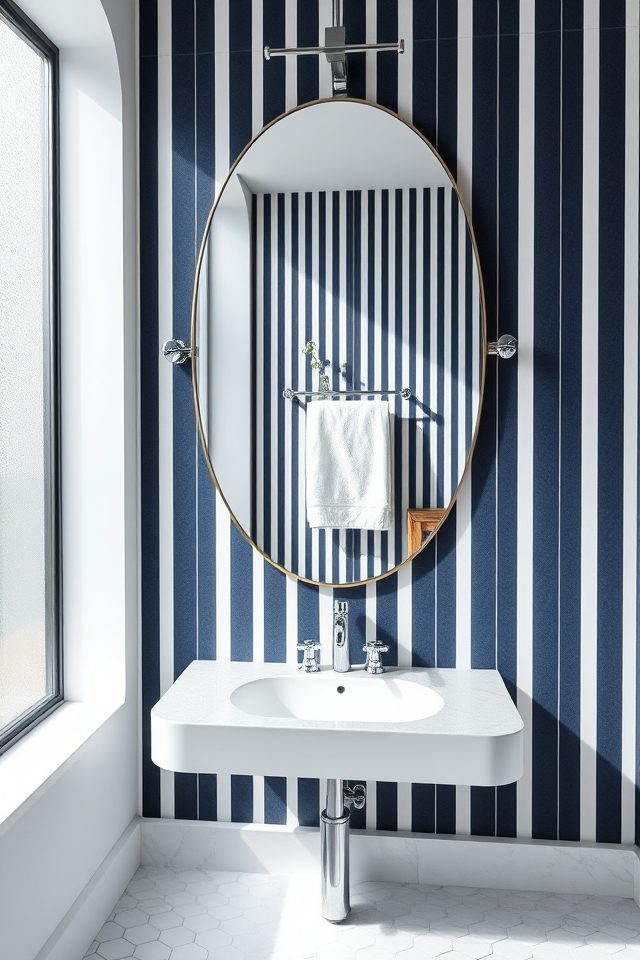 15 Striking Bathroom Wallpaper Ideas to Accentuate Your Mirror 4 classic stripes frame reflection