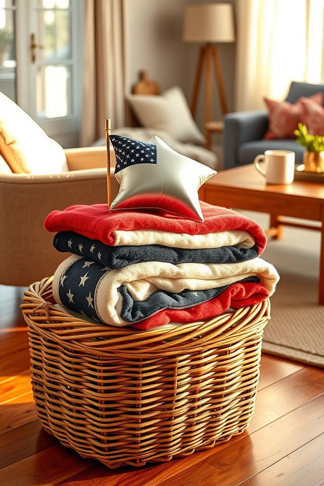 15 Living Room Decor Ideas to Celebrate Independence Day in Style 12 cozy patriotic blanket stack