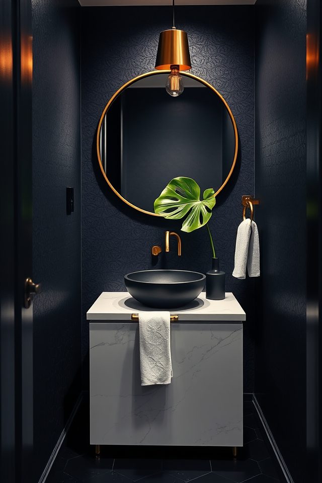 15 Striking Bathroom Wallpaper Ideas to Accentuate Your Mirror 11 dark moody hues contrast