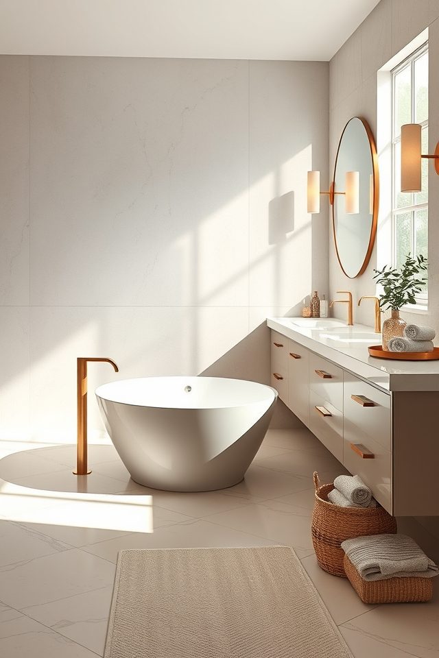 17 Refreshing Bathroom Decor Ideas for a Spa-Like Escape 16 integrate warm metallic finishes