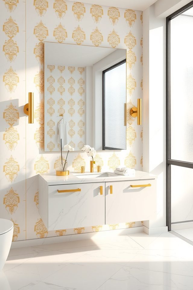 15 Striking Bathroom Wallpaper Ideas to Accentuate Your Mirror 5 sophisticated metallic bathroom glow