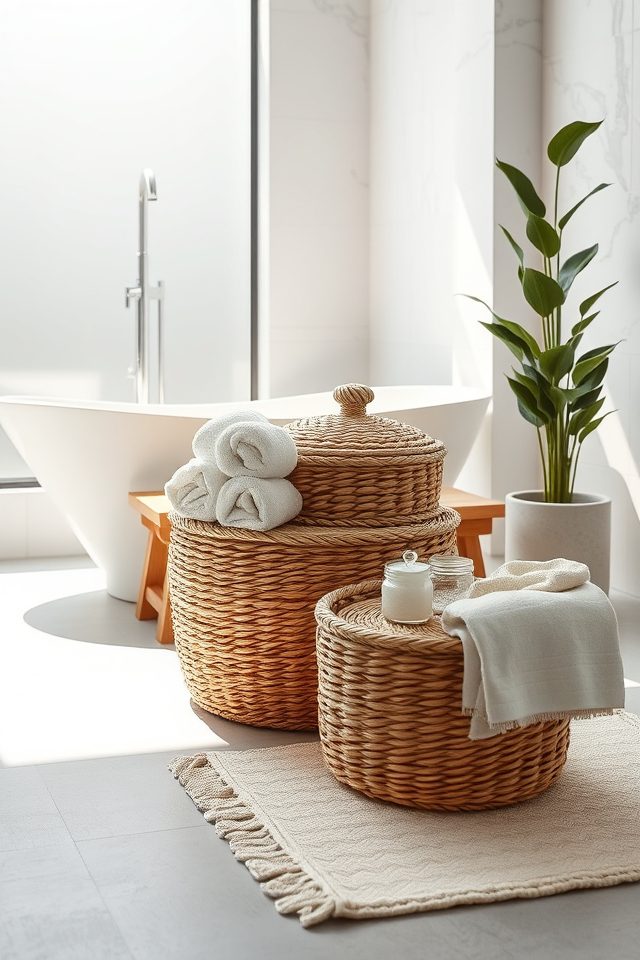17 Refreshing Bathroom Decor Ideas for a Spa-Like Escape 9 stylish woven bathroom storage