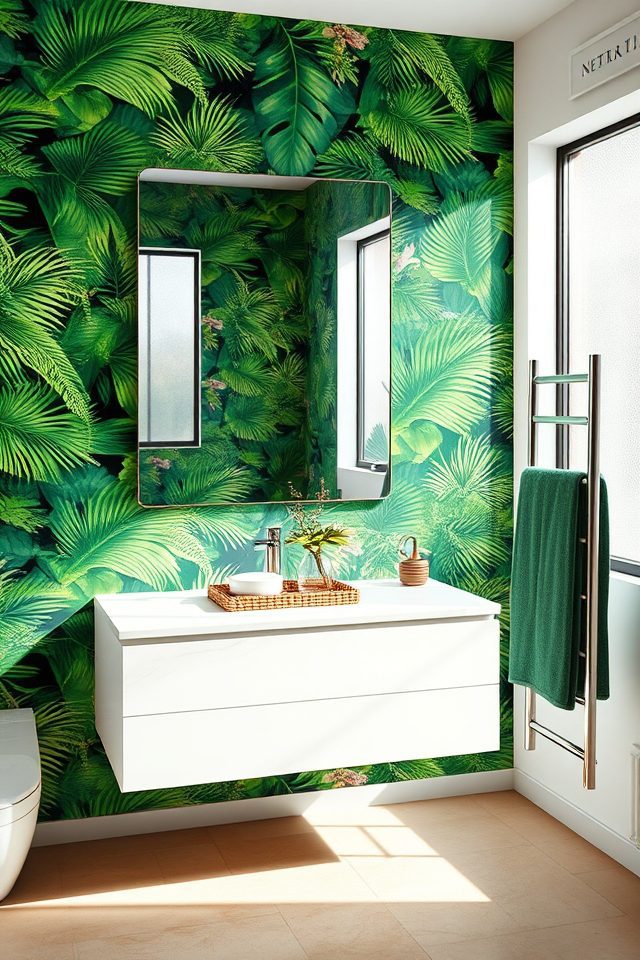 15 Striking Bathroom Wallpaper Ideas to Accentuate Your Mirror 3 tropical lush greenery prints