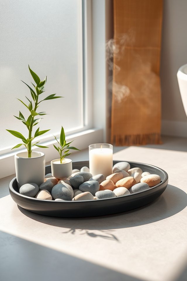 17 Refreshing Bathroom Decor Ideas for a Spa-Like Escape 12 zen corner with pebbles