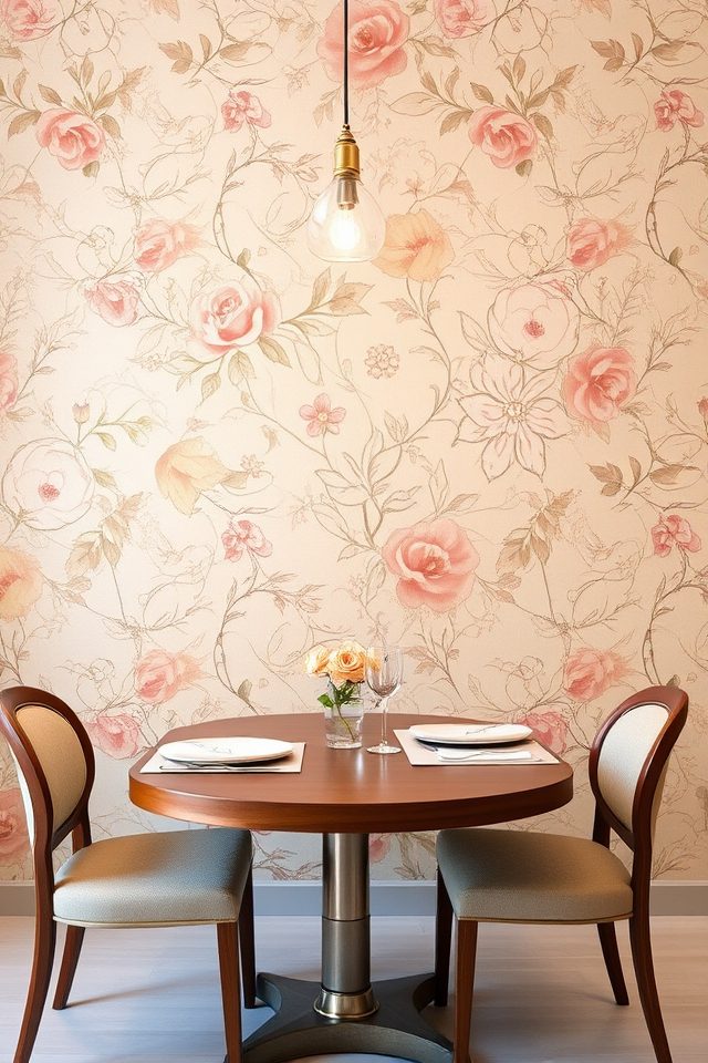 floral wallpaper enhances dining elegance