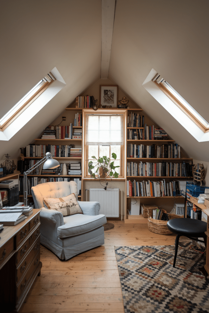 Cozy Attic Retreat with Sloped Ceilings and Skylights Cozy library Room Ideas