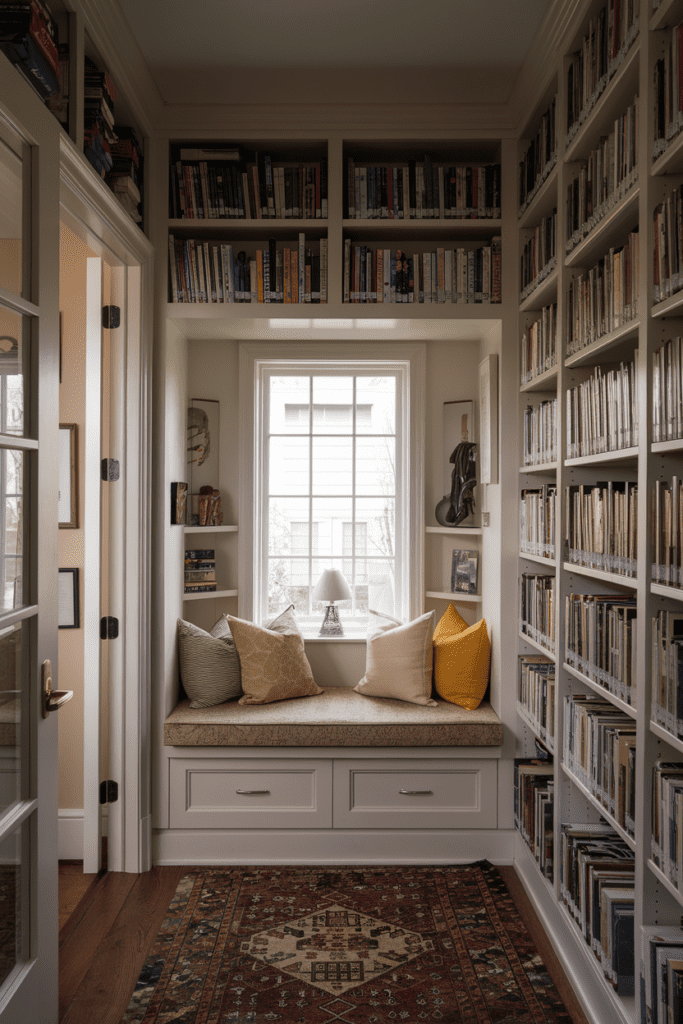 Cozy Library Room Ideas: Window Nook with Built-in Seating and Shelving