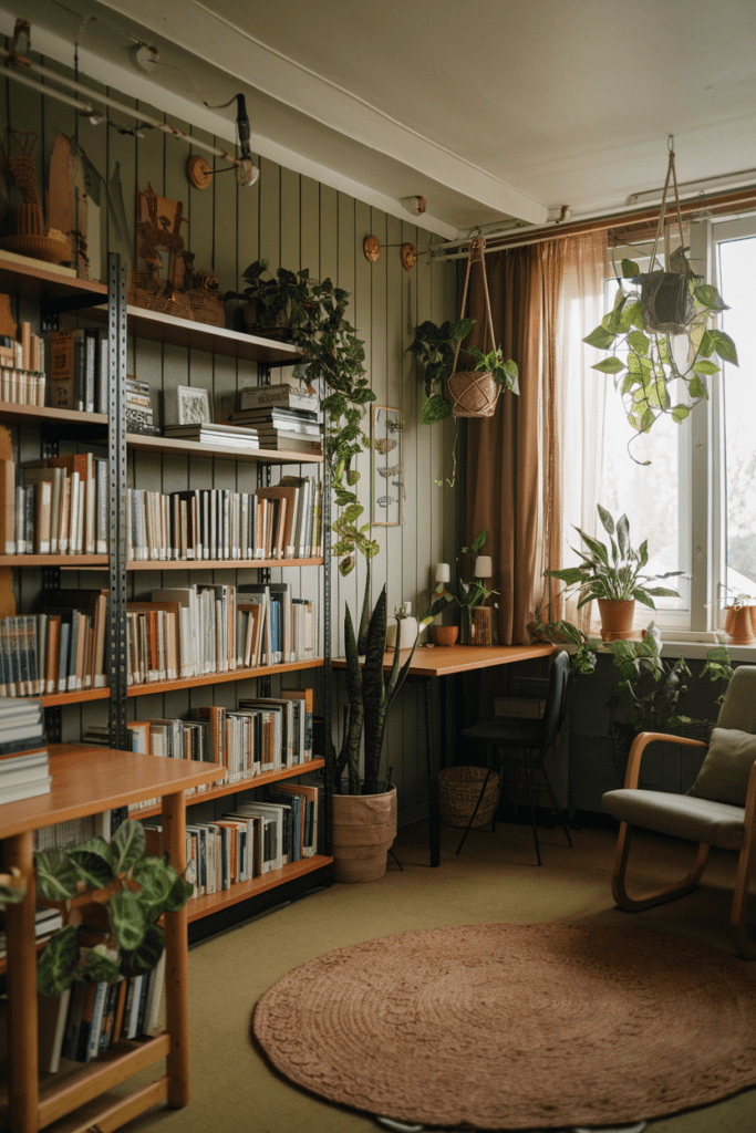 Cozy Library Room Ideas: Nature-Inspired Room with Greenery and Natural Materials