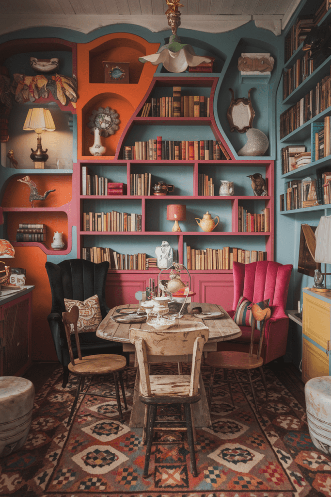 Cozy Library Room Ideas: Whimsical Wonderland with Bold Colors and Unique Decor