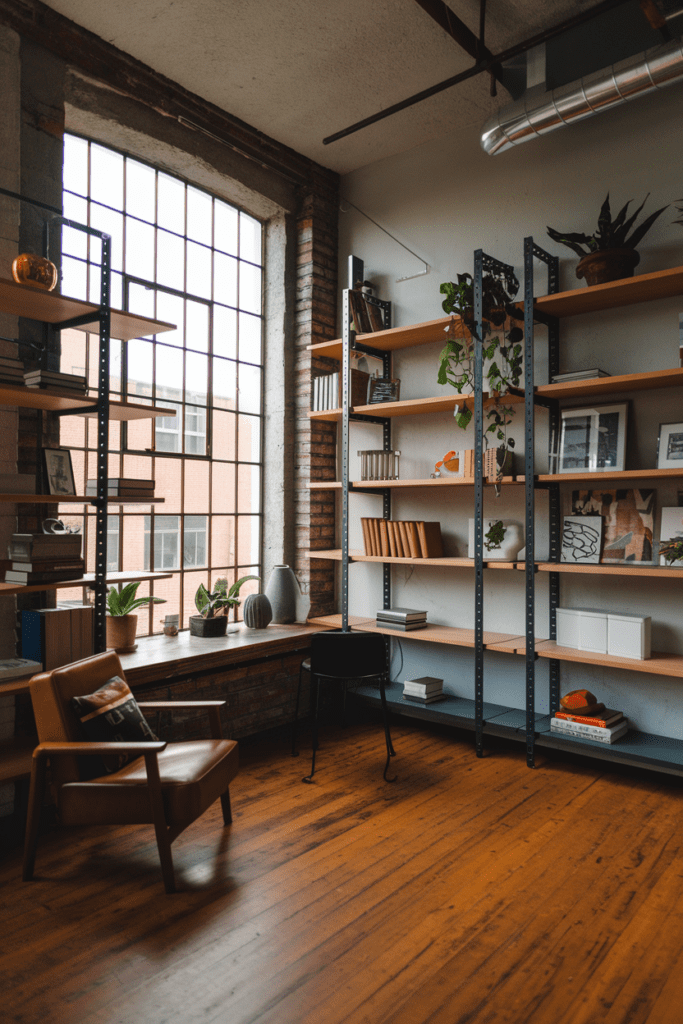 Cozy Library Room Ideas: Loft-Style Space with Industrial Elements and Open Shelving