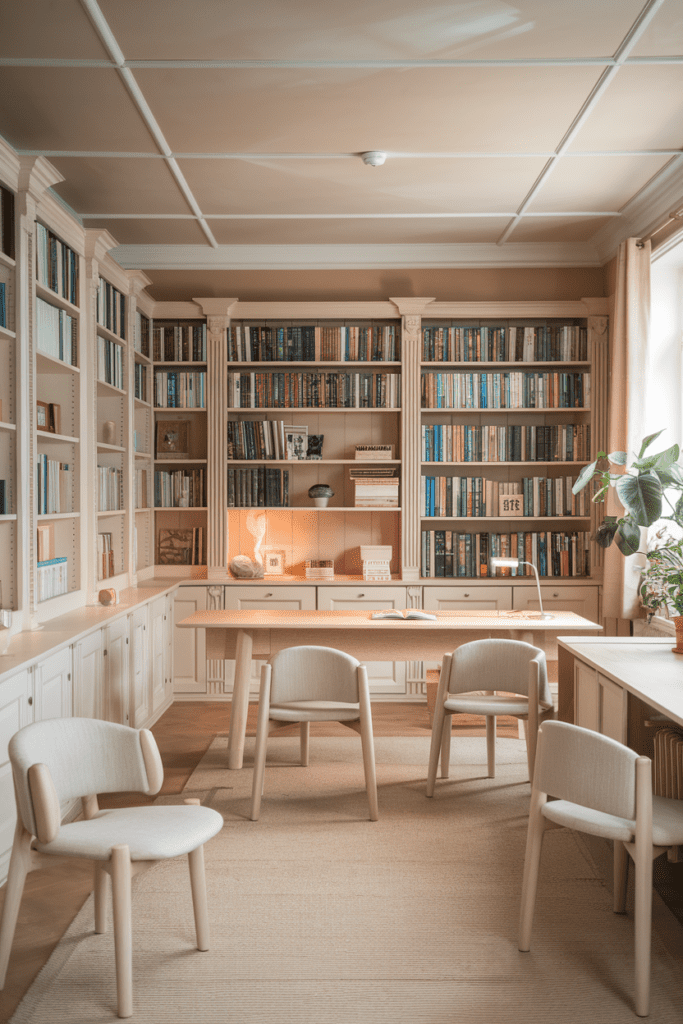 Cozy Library Room Ideas: Scandinavian Retreat with Light Wood and Soft Hues