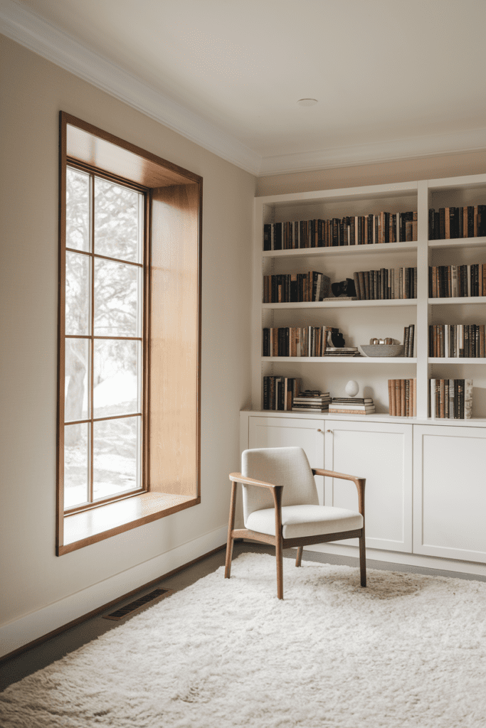 Cozy Library Room Ideas: Minimalist Haven with Neutral Tones and Clean Lines