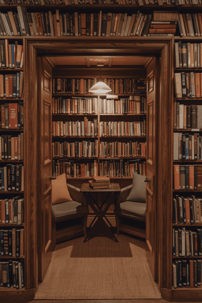 Cozy Library Room Ideas: Secret Alcove with Hidden Doors and Cozy Seating