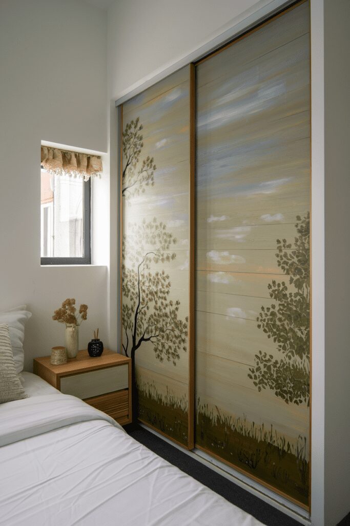 Tiny Bedroom Ideas: Hidden Closet Behind a Sliding Art Panel