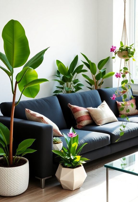 Dark Gray Couch Ideas: Incorporating Plants for a Pop of Color
