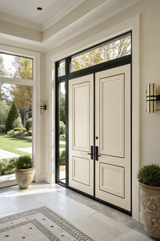 Sherwin Williams Alabaster Ideas: 8. Alabaster Doors with Bold Black Trim for a Graphic Statement
