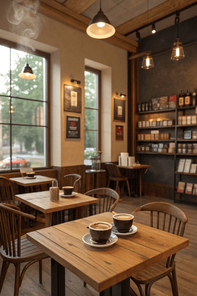 Benjamin Moore Swiss Coffee Ideas: 5. Cozy Café Vibes with Swiss Coffee & Dark Espresso Tones